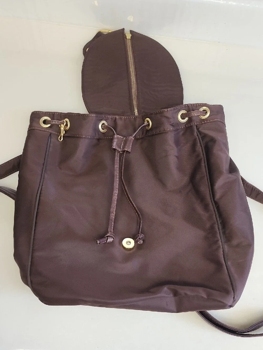 Saks Fifth Avenue Brown Nylon & Leather Drawstring Backpack